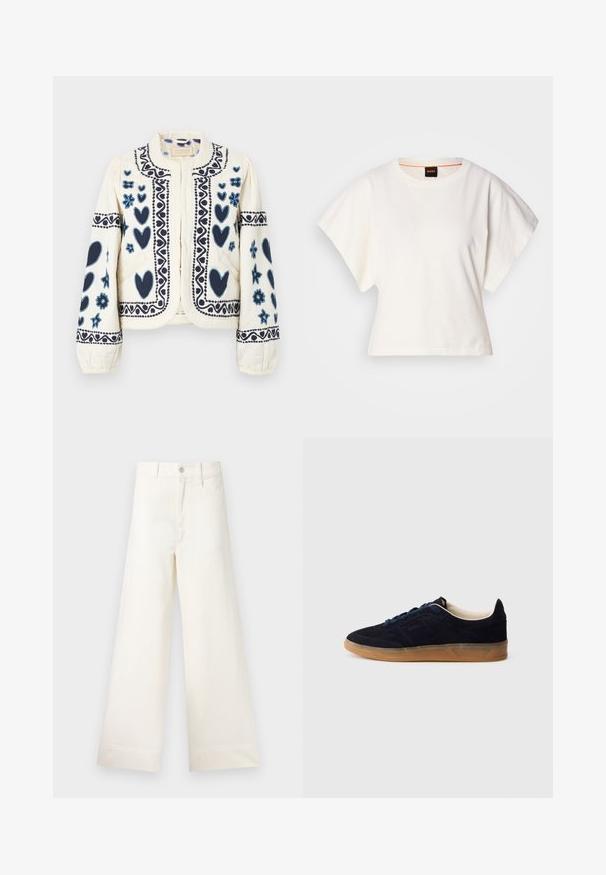 Crème jas met marineblauwe geborduurde harten en bloemen, voorzien van een ronde kraag en elastische manchetten, textiel in een getailleerd ontwerp.; Witte gecropte T-shirt, korte brede mouwen, zachte katoenmaterialen, ronde halslijn met subtiele oranje rand, minimalistisch ontwerp, geen patronen of graphics.; Bredere broek van lichtbeige katoen. Heeft een hoge taille, voorzakken en een rechte snit. Schoon afgewerkte zoom zonder patronen.; Marineblauwe suède sneaker met een buitenzool van gumrubber, blauwe veters en een minimalistisch design. Heeft een geperst logo aan de zijkant en een gladde binnenvoering.