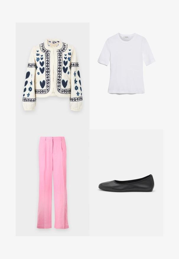 Cremefarbene Jacke mit marineblauen, gestickten Herzen und Blumen, mit Rundkragen und elastischen Bündchen, aus strukturiertem Stoff in taillierter Passform.; Weißes kurzärmliges T-Shirt aus geripptem Stoff. Runder Halsausschnitt, normale Passform und dezente Nähte. Keine Muster oder Grafiken.; Rosenrote Leinenhose mit entspannter Passform, ausgestattet mit Vorderfalten, einem Knopfverschluss und Seitentaschen. Glatte Textur und gerades Bein.; Schwarze Leder-Ballettschuhe mit abgerundeter Spitze, glatter Textur, minimalen Nähdetails und einem flexiblen Sohlen-Design.