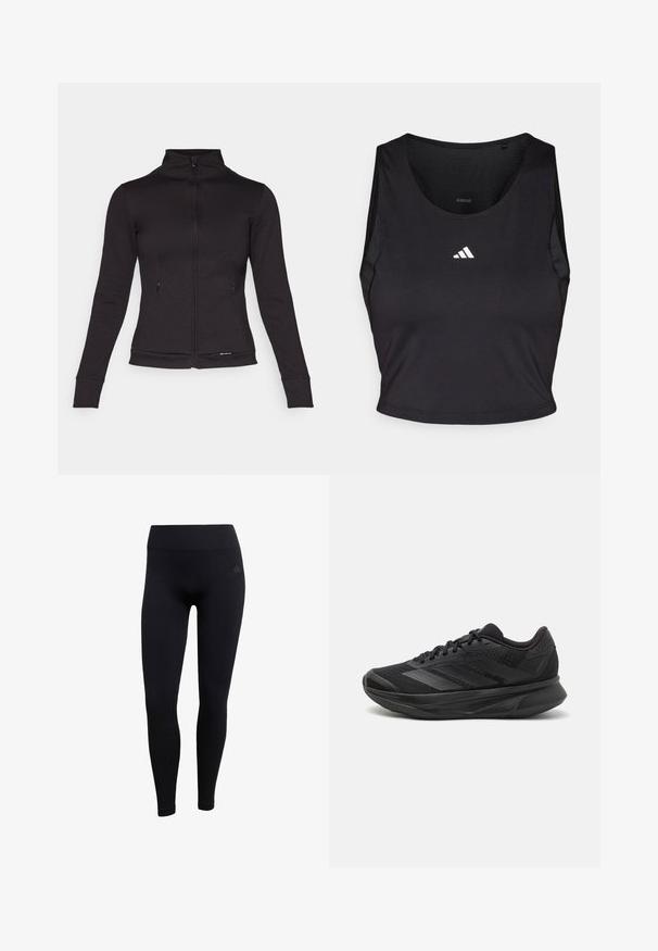 Black zip-up jacket with a high collar, long sleeves, and side pockets. Made of smooth material with a fitted design and ribbed cuffs.; Black sports crop top made from moisture-wicking fabric, featuring a round neck, sleeveless design, and white logo on the chest.; Black athletic leggings made of stretchy fabric, featuring a high waistband, fitted design, and ribbed ankle cuffs. Subtle brand logo.; Black running shoe with a breathable mesh upper, rounded toe, sleek design, textured accents, and a cushioned sole for comfort.