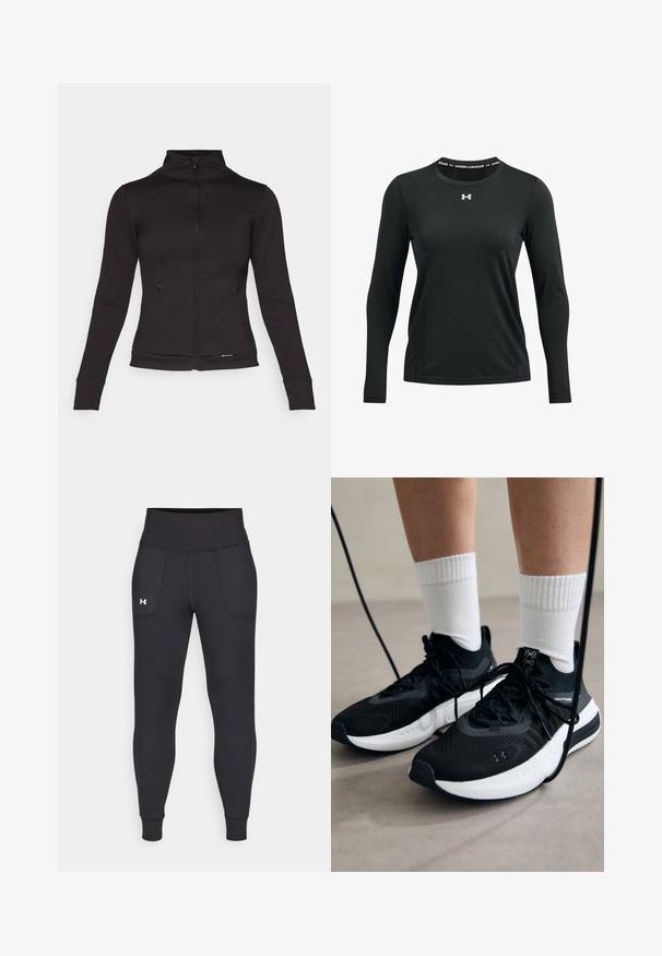 Zwarte ritsjack met hoge kraag, lange mouwen en zijzakken. Gemaakt van glad materiaal met een getailleerd ontwerp en geribde manchetten.; Zwart sportshirt met lange mouwen van gladde stof. Heeft een ronde halslijn met een Under Armour-logo gedrukt op de kraag.; Zwarte sportleggings van rekbaar materiaal, met een hoge tailleband, zijzakken en aansluitende boorden bij de enkels.; Zwarte sportschoenen van gestructureerde stof, met een witte zool en zwarte veters. Draag ze met witte geribde sokken, staand op een lichte ondergrond.