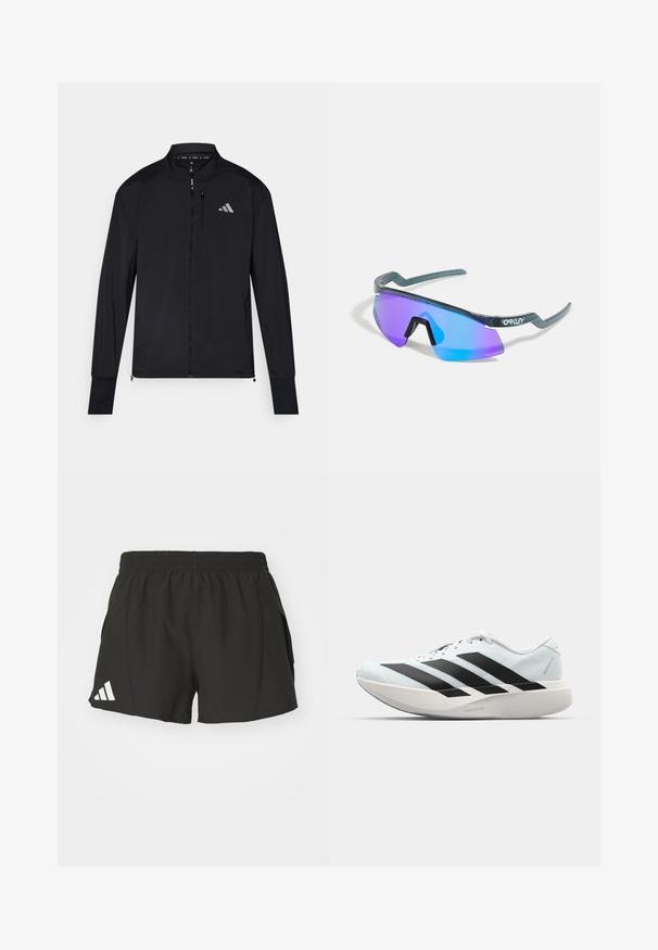 Mustus sportlik jakk, millel on täispikk lukuga esikülg, kõrge krae ja pikad varrukad. Tal on väike logo vasakul rinnal ja lukuga tasku. Sile tekstuur.; Valge ilma varrukateta sporditopp, mis on valmistatud kergest kangast, millel on must Adidas logo vasakul rinnal ja ümar kaelus.; Mustad mustad lühikesed püksid, mis on valmistatud kergest materjalist, elastse vöökohtaga, küljetaskutega ning vasakul jalal on valge Adidas'i logo.; Kerged jooksujalatsid helesinises värvuses mustade triipudega. Omavad siledat pealispinda, ümarat varvase osa ja paksu valget vahemõõtu, millel on silt "LIGHTSTRIKE PRO".; Prillid, millel on ümbermoodustav disain, sinised ja lillad peegelprillid, rohelised raamid ja iseloomulikud nurksed käed.
