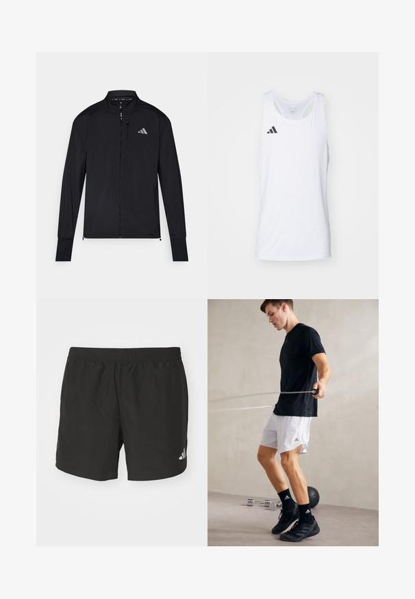Veste de sport noire avec fermeture éclair en avant intégrale, col montant et manches longues. Présente un petit logo sur la poitrine gauche et une poche zippée. Texture lisse.; Débardeur d'athlétisme sans manches en tissu léger de couleur blanche, avec le logo noir d'Adidas sur la poitrine gauche et un col plongeant.; Shorts de sport noirs avec une taille élastique, des fentes sur les côtés et des accents de logo réfléchissants. Fabriqués en tissu léger et lisse.; T-shirt de sport noir et shorts blancs avec des fentes sur les côtés. L'individu fait de la corde à sauter, portant des baskets noires et des chaussettes, sur un sol lisse.