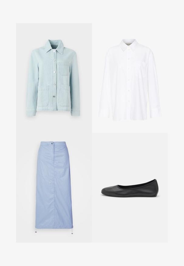 Šviesiai mėlynas džinsinis švarkas su apykakle, priekinėmis kišenėmis ir sidabriniais mygtukais. Audinys turi lygų paviršių ir kasdienį dizainą.; Balta ilgomis rankovėmis marškiniai su apykakle, pagaminti iš medvilnės. Su mygtukų užsegimu priekyje ir viena krūtinės kišenė. Lygus paviršius, laisvas siluetas.; Šviesiai mėlyna, vidutinio ilgio sijonas, pagamintas iš sklandžios, lengvos medžiagos su tiesiu kirpimu, turi priekinius mygtukus ir raištelį apatinėje dalyje.; Juodai odiniai baletai su apvaliu pirštu, lygi texture, minimalus siuvimo detales ir lanksčiu padų dizainu.