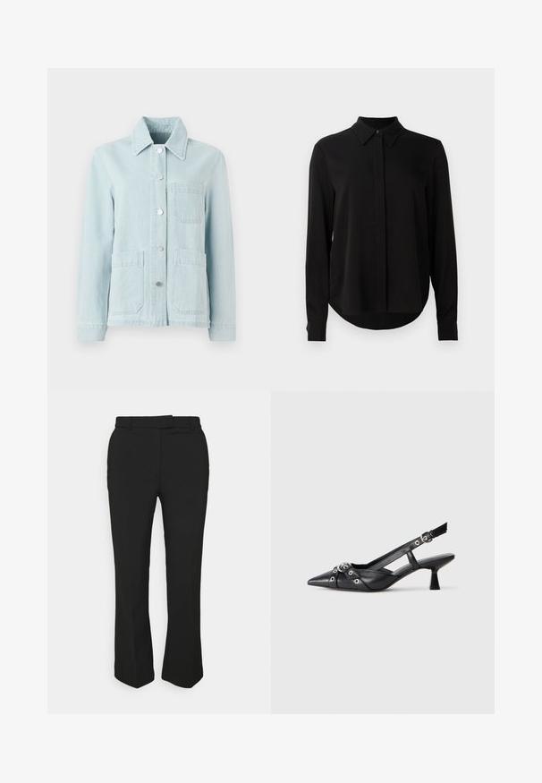 Hele sinine teksajakk kraega, esitaskud ja hõbedased nupud. Kangas on siledan tekstuuriga ja juhusliku kujundusega.; Mustmustärgne, pikkade varrukatega pluus terava kraega, varjatud nööpide ridadega ja kõverate servadega, valge tausta ees.; Mustad mustad püksid sirge säärega, millel on vööloop ja küljetaskud. Valmistatud siledast kangast, millel on puhas viimistlus.; Must must have must toote tõmblukuga, dekoratiivsed rihmad metallist silmadega ja madal blokk-kand. Tekstureeritud pind.