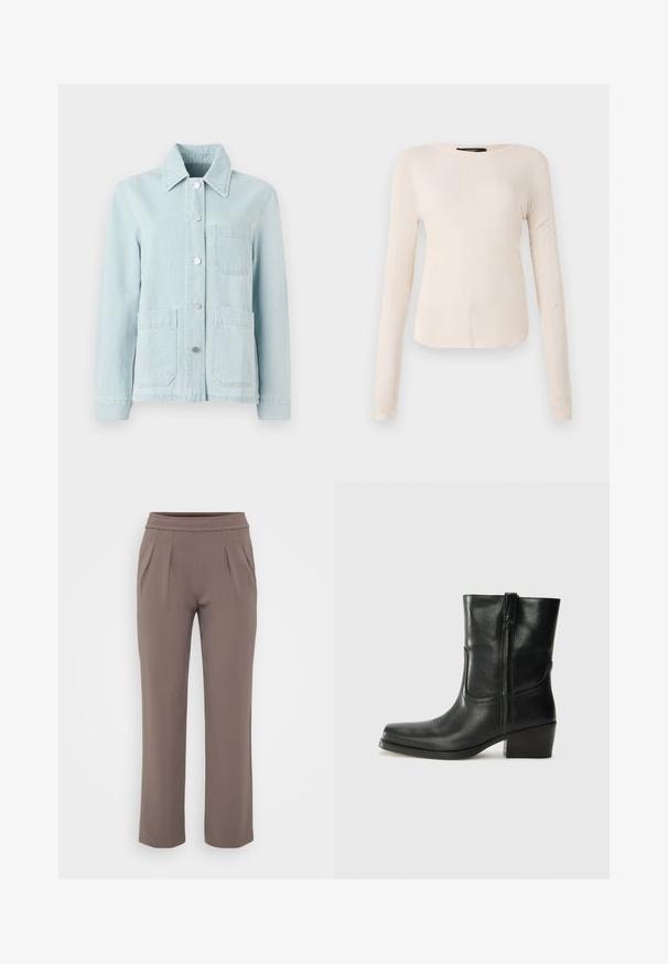 Világoskék farmerdzseki, galléros nyakkal, elülső zsebekkel és ezüst gombokkal. Az anyag sima textúrájú és kényelmes, laza stílusú.; Hosszú ujjú, világos bézs blúz kerek nyakkivágással. Puha anyagból készült, középső varrással és enyhén ívelt szegéllyel rendelkezik. Nincs rajta látható fémrész.; Taupe színű, lazán szabott nadrág, gumis derékkal és elülső pliszírozással, sima anyagból készült.; Fekete bőr bokacsizma lekerekített orral, blokk sarkúval, oldalsó cipzárral és varrásos díszítéssel az elején. Simább textúra, klasszikus dizájn.