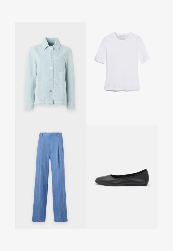 Jasnoniebieska kurtka dżinsowa z kołnierzykiem, przednimi kieszeniami i srebrnymi guzikami. Materiał ma gładką teksturę i casualowy fason.; Biała koszulka krótki rękaw wykonana z materiału prążkowanego. Okrągły dekolt, regularny krój i subtelne detale szwów. Bez wzorów ani grafik.; Jasnoniebieskie spodnie o szerokich nogawkach z pionowymi białymi paskami. Wykonane z gładkiego materiału, z przodem z zakładkami i prostą talią.; Czarne skórzane baletki z zaokrąglonym noskiem, gładką fakturą, minimalnymi przeszyciami i elastycznym designem podeszwy.