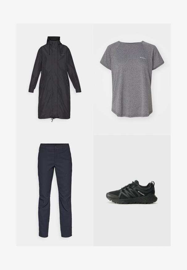 Sort lang frakke med høj krave, justerbare snore, sidelommer og elastiske manchetter. Fremstillet af glat, vandtæt materiale.; Grå kortærmet skjorte med et subtilt struktureret mønster, rund halsudskæring og Columbia-logo på brystet. Blødt stof, afslappet pasform.; Mørkeblå bukser lavet af glat stof, med en frontknaplukning, tætsiddende design og pressefolder ved knæene.; Columbia PEAKFREAK - Hikingsko - black