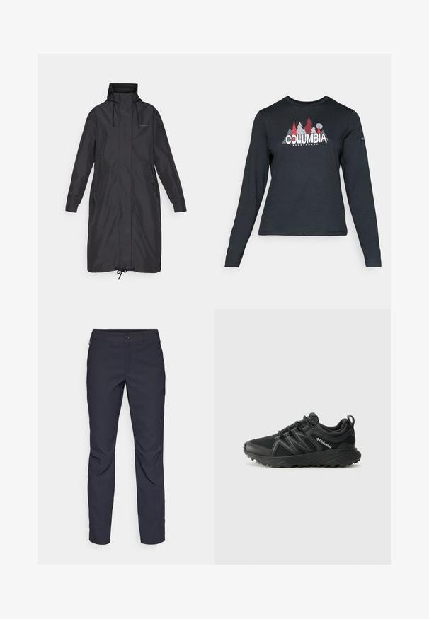 Black long coat with a high collar, adjustable drawstrings, side pockets, and elastic cuffs. Made from smooth, waterproof material.; Long-sleeve dark gray shirt with a graphic of red trees and mountains; "COLUMBIA" logo in bold white text. Soft fabric, standard crew neck.; Navy blue pants made of smooth fabric, featuring a front button closure, slim-fit design, and creased detailing at the knees.; Columbia PEAKFREAK - Hiking shoes - black