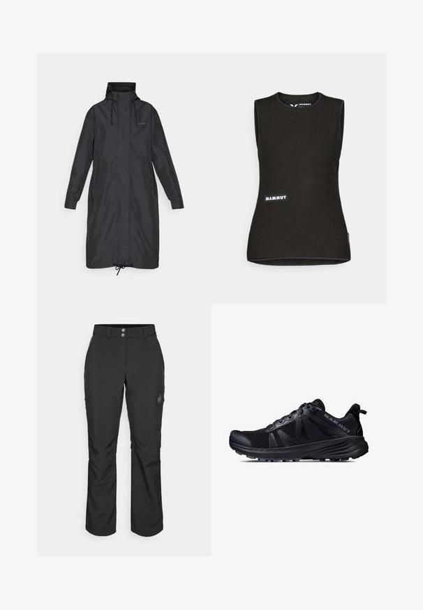 Cappotto lungo nero con colletto alto, cordini regolabili, tasche laterali e polsini elasticizzati. Realizzato in materiale morbido e impermeabile.; Canottiera nera senza maniche con un motivo texturizzato, caratterizzata da un colletto rotondo e un logo "MAMMUT" sul davanti. Realizzata in materiale traspirante.; Pantaloni outdoor neri con taglio dritto, dotati di chiusura con bottone, tasche laterali con zip e una patch con logo sulla coscia sinistra.; Scarpe da trail running nere con tomaia in rete e suola in gomma. Presentano sovrapposizioni testurizzate, punta rinforzata e logo del marchio sul tallone.