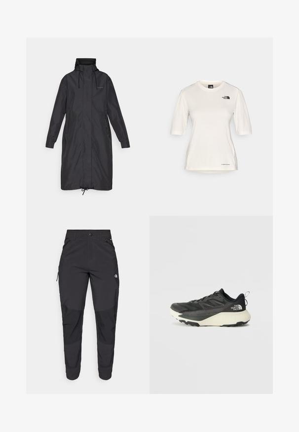 Palton lung de culoare neagră, cu guler înalt, șnururi reglabile, buzunare laterale și manșete elastice. Fabricat dintr-un material neted, impermeabil.; The North Face SHADOW SHORT SLEEVE - Bluză sport - white dune; Pantaloni de exterior negri, dintr-un material rezistent. Prezintă buzunare cu fermoar, panouri întărite pentru genunchi și un design drept pentru mobilitate.; Pantofii sport negri cu un superior texturat, având accente gri și o talpă intermediară albă. Include un sistem de prindere și un logo de marcă proeminent pe călcâi.