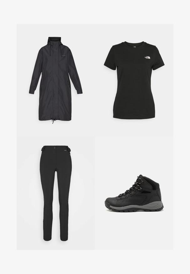 Mustmust mustristaga, kõrge kraega, reguleeritavate nööridega, küljetaskutega ja elastsete mansettidega. Valmistatud siledast, veekindlast materjalist.; Mustvalge puuvillane t-särk, millel on ümber kaeluse lõige ja lühikesed varrukad. Märkimisväärne valge logo vasakul ülal nurgas. Sile tekstuur, mugav lõige.; Mustad, hästi istuvad püksid, mis on valmistatud paindlikust materjalist. Omadusteks on lukuga küljetasku, artikeeritud põlved ja sile pind.; Mustarjaline matkasaabas, millel on keskmine disain, tekstuuriga ülemine osa, hallid aktsendid ja vastupidav kummist põhi, millel on haardelugesid.