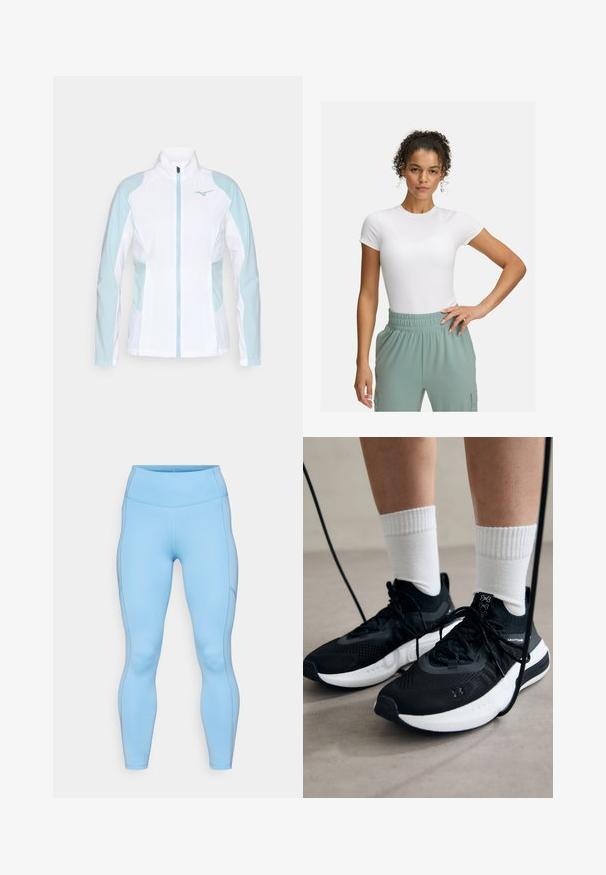 Chaqueta atlética blanca con acentos en azul claro, que presenta un cierre con cremallera, cuello alto y puños elásticos, fabricada con un tejido suave y ligero.; Camiseta blanca ajustada de manga corta, combinada con pantalones de cintura elástica de color verde claro. Textura suave, diseño minimalista y sin patrones visibles.; Leggings de color azul claro, fabricados con una tela elástica. Presentan una cintura alta, una textura suave y costuras curvadas a lo largo de las piernas.; Zapatillas deportivas negras con tela texturizada, suela blanca y cordones negros. Llevadas con calcetines blancos de canalé, de pie sobre una superficie clara.