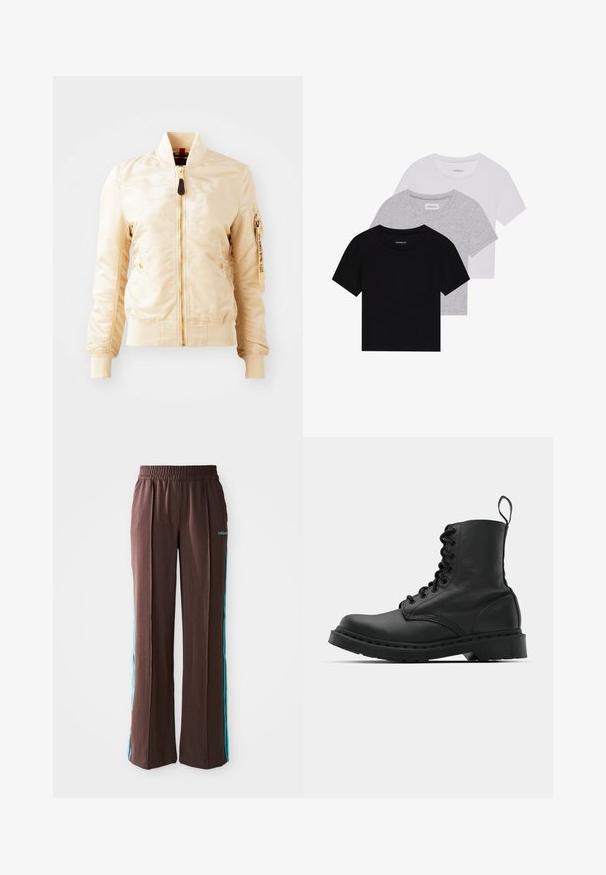 Light beige bomber jacket with a smooth, shiny texture, front zip closure, ribbed cuffs, and a zip pocket on the left sleeve.; Set of three short-sleeve t-shirts in black, gray, and white. Made from cotton, featuring a crew neck and a simple, solid color design.; Brown athletic pants with a ribbed texture, elastic waistband, and turquoise side stripes. Features the adidas logo on the front.; Black leather combat boot with a round toe, lace-up front, and a pull tab at the ankle. Features a thick rubber sole for durability.