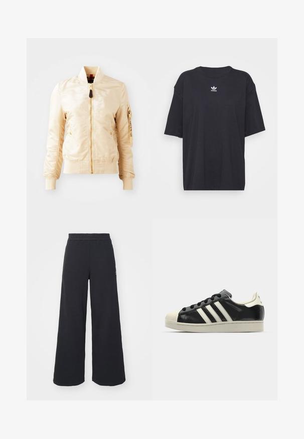 Gai bējš bomber jakas ar gludu, spīdīgu tekstūru, priekšpuses rāvējslēdzēja aizdare, ribotām piedurknēm un rāvējslēdzēja kabatu uz kreisā piedurknes.; Melna kokvilnas t-kreklā ar īsām piedurknēm un apaļu kakla izgriezumu, uz krūtīm ir balta Adidas logo. Vienkāršs dizains, brīvs piegriezums.; Melni platās svārku bikses, izgatavotas no mīksta auduma, ar elastīgu jostas daļu un mazu logotipu kreisajā pusē.; Melna ādas sporta apava ar baltām svītrām, gumijas purngala aizsardzību, melnām auklām un krēma krāsas zoli. Gluda tekstūra ar spīdīgu apdari.