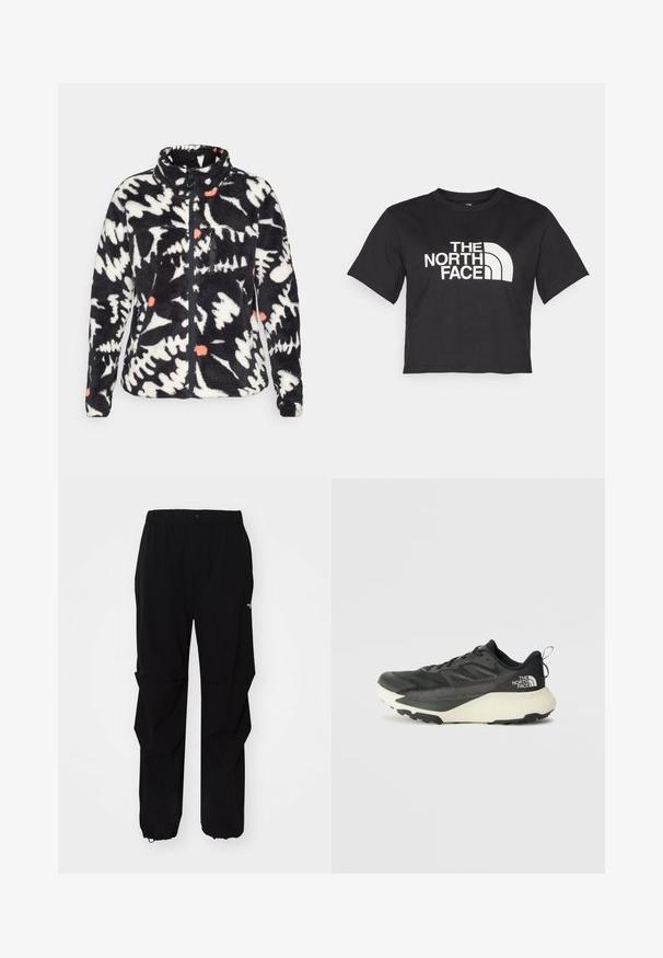 Black and white fleece jacket with abstract fern pattern and coral accents. Features a zip front and high collar for added warmth.; Black cropped t-shirt made of cotton, featuring a white logo with curved accents and text "THE NORTH FACE" on the front. Short sleeves, crew neck.; Black outdoor pants made from durable material, featuring a relaxed fit, elastic waistband, and cinched cuffs for adjustable length.; Black athletic shoe with a textured upper, featuring gray accents and a white midsole. Includes a pull tab and prominent brand logo on the heel.