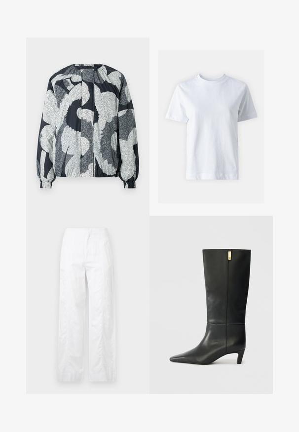 Marimekko SILMU UNIKKO - Jachetă subțire - black\grey; Tricou alb din bumbac, cu guler rotund, mâneci scurte, croială dreaptă și textură netedă. Fără modele sau embellishments.; Pantaloni albi cu croială largă, fabricați dintr-un material ușor, având o textură netedă, linii curate și un design cu talie înaltă.; Boot cu piele neagră, până la genunchi, cu vârf ascuțit și toc mic. Prezintă un design elegant cu un detaliu auriu. Textură netedă.
