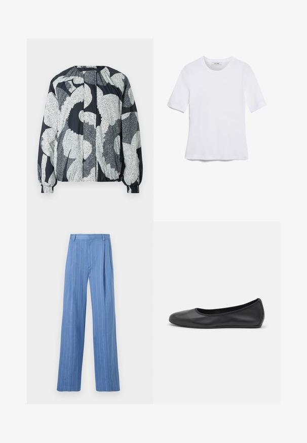 Marimekko SILMU UNIKKO - Viegla jaka - black\grey; Balta īsām piedurknēm T-krekls, izgatavots no ribota auduma. Apaļš izgriezums, regulāra piegriezuma un diskrēti šuvumu detaļas. Bez printiem vai grafikām.; Gaiši zili platajā kāja bikses ar vertikālām balta līnijām. Izgatavotas no gluda materiāla, ar priekšējo kroku un vienkāršu jostas dizainu.; Melna ādas baleta kurpe ar noapaļotu purngalu, gludu tekstūru, minimālu šuvju detalizāciju un elastīgu zoles dizainu.