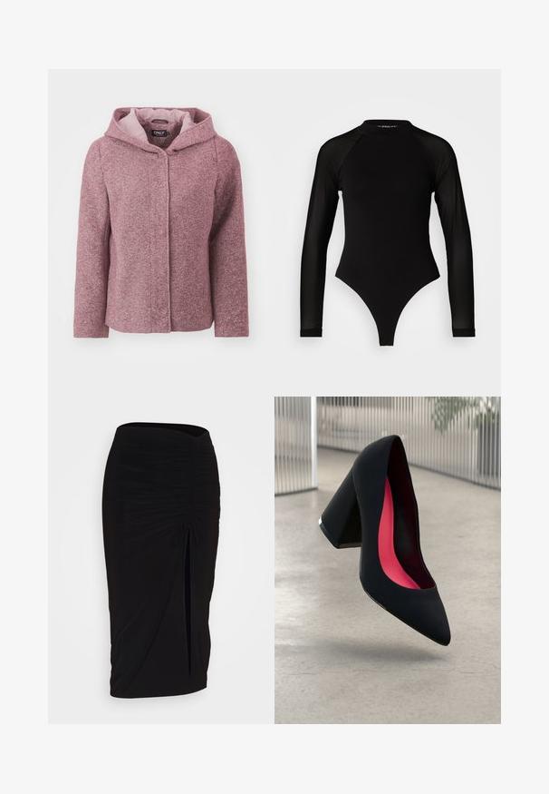 Giacca con cappuccio macchiata di rosa, con finitura testurizzata, chiusura anteriore a bottoni e fodera interna in contrasto. Presenta una vestibilità rilassata e maniche lunghe.; Bodysuit nero a maniche lunghe con collo alto, caratterizzato da un tessuto solido sul torso e maniche in rete trasparente, progettato con una forma aderente.; Gonna a tubino nera, arricciata, con dettaglio a fiocco e uno spacco laterale. Realizzata in un tessuto elasticizzato, presenta una texture liscia e un design aderente.; Scarpa con tacco alto nera, con punta affusolata, superficie testurizzata e un vivace interno rosa. Presenta un tacco spesso con un accento argentato.