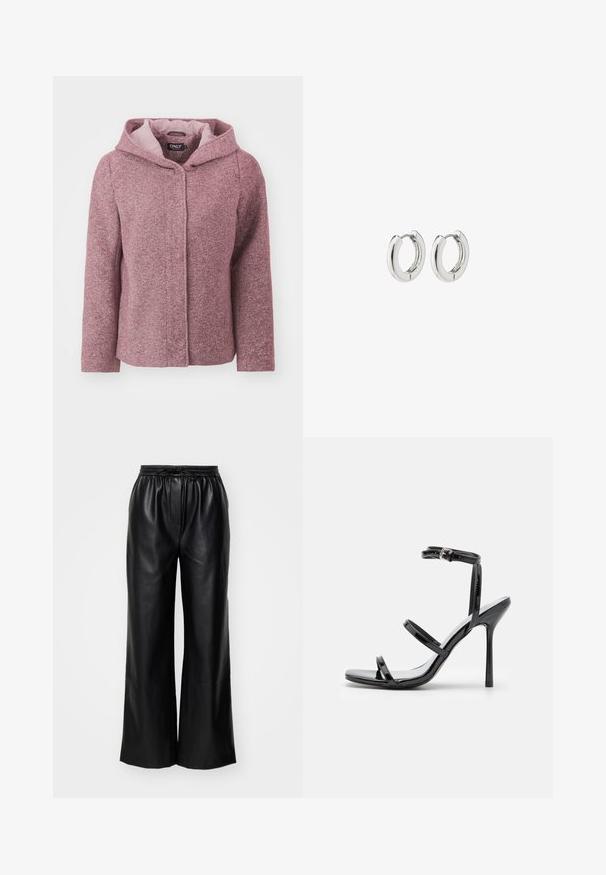 Ružová kapucňová bunda s textúrovaným povrchom, predným zapínaním na gombíky a kontrastnou vnútornou podšívkou. Má voľný strih a dlhé rukávy.; Dlhý rukáv priesvitný top v hlbokej purpurovej farbe, ktorý sa vyznačuje textúrovaným vzorom so žiarivými akcentmi. Priamy lem a široký výstrih.; Čierne kožené nohavice so širokým strihom, elastickým pásom a nastaviteľnou šnúrkou; hladká textúra s čistým, minimalistickým dizajnom.; Čierne lakované kožené sandále na vysokom opätku s tromi vodorovnými pruhmi a nastaviteľným popruhom okolo členku. Elegantný silueta a lesklý povrch.; Strieborné kruhové náušnice s lešteným povrchom, s obvodovým dizajnom a bezšvíkovými pántmi, ktoré majú hladkú textúru.