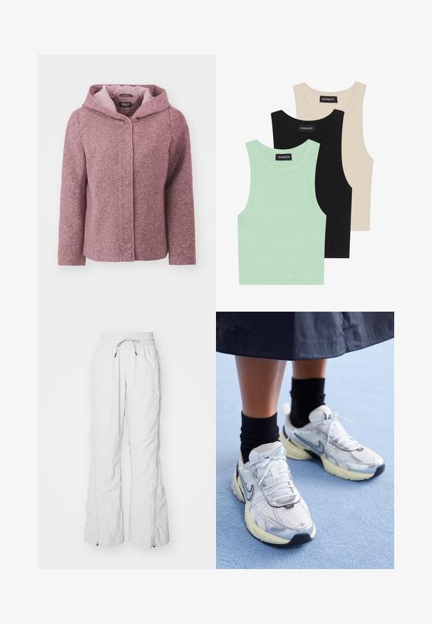 Ružičasta jakna s kapuljačom ukrašena mrljama, s teksturiranim završetkom, prednjim dugmadi i kontrastnom unutarnjom podlogom. Ima opušteni kroj i duge rukave.; Tri majice bez rukava u boji mente, crnoj i bež boji; izrađene od rebraste tkanine s okruglim izrezom. Vidljiva oznaka branda.; Svijetlosivi cargo hlače od teksturiranog materijala, s elastičnim pojasom i vezicom, bočnim džepovima i patentnim zatvaračima na gležnjevima.; Bijele i srebrne Nike tenisice od mrežaste tkanine, s reflektirajućim detaljima i bež potplatom. Nosi se s crnim čarapama, stojeći na plavoj površini.