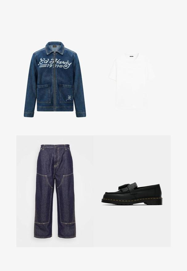 Ed Hardy PANTHER - Džínová bunda - indigo; Bílá bavlněná tričko s krátkými rukávy, kulatým výstřihem a rovný střih. Hladká textura bez viditelných vzorů nebo akcentů.; Carhartt WIP NASH PANT SMITH - Džíny Relaxed Fit - blue rinsed; Černé kožené mokasíny s třásněmi, žlutým prošíváním podél podrážky a silnou, kordovanou gumovou podešví.