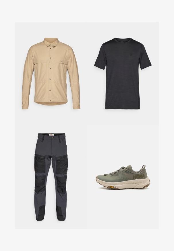 Beige, langermet skjorte med krage og knapper, som har to påsydde lommer, trykknapper og et glatt, lett stoff.; Svart kortermet t-skjorte laget av glatt, lett stoff. Har rund hals og et brodert logo på brystet.; Grå utendørsbukser med sorte detaljer, laget av slitesterkt materiale. Har flere lommer og forsterkede kneområder for ekstra styrke.; Grønn Hoka løpesko med Gore-Tex overdeler, teksturerte detaljer, elastiske lisser, og tykk beige såle med Vibram-logo.