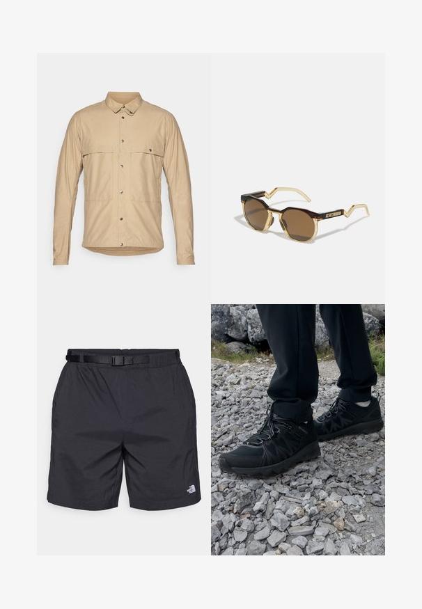 Chemise beige à manches longues avec un col à boutons, dotée de deux poches plaquées, de boutons-pression et d'un tissu lisse et léger.; T-shirt blanc à manches longues en coton avec un col rond. Présente un petit logo noir sur la poitrine. Texture lisse, coupe régulière.; Shorts légers noirs avec une coupe décontractée, dotés d'une ceinture ajustable, de poches latérales et du logo The North Face sur la jambe inférieure droite.; Chaussures d'extérieur noires en matériau synthétique et en maille, présentant une tige texturée, un système de lacets sécurisé et une semelle extérieure robuste, sur un terrain rocailleux.; Lunettes de soleil brunes et rondes avec une monture écaille de tortue et claire jaune pâle, des branches angulaires et des détails texturés sur les branches.