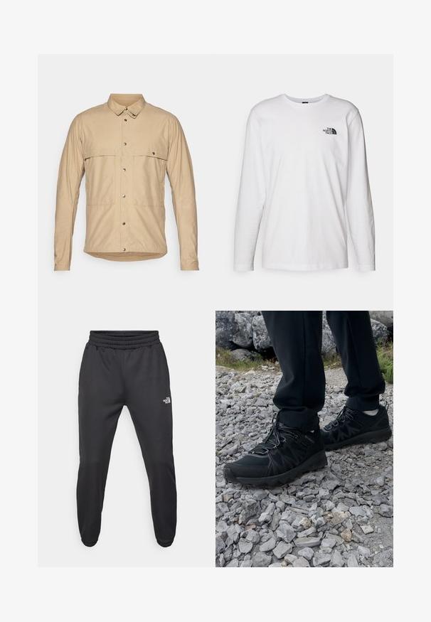 Beige, long-sleeve shirt with a buttoned collar, featuring two patch pockets, snap buttons, and a smooth, lightweight fabric.; White long-sleeve T-shirt made of cotton with a crew neck. Features a small black logo on the chest. Smooth texture, regular fit.; Black sweatpants with a drawstring waist, tapered fit, elastic cuffs, and a small white logo on the left thigh, made from smooth fabric.; Black outdoor shoes with mesh and synthetic material, featuring a textured upper, secured lacing system, and a rugged outsole, on rocky terrain.