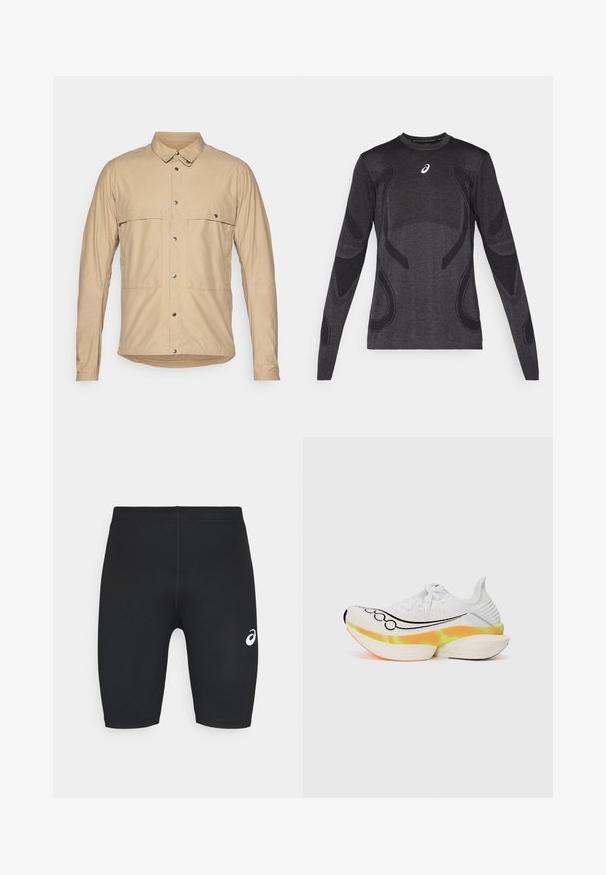Camisa beige de manga larga con collar abotonado, que cuenta con dos bolsillos de parche, botones a presión y una tela suave y ligera.; Camiseta deportiva de manga larga en gris oscuro, con acentos de diseño texturizado en un gris más claro. Cuello redondo con logotipo en el pecho.; Pantalones cortos deportivos negros con una textura suave, diseño ajustado y logotipo blanco en el lado izquierdo. Sin bolsillos visibles ni detalles de hardware.; Zapatilla de running blanca con parte superior de malla texturizada, diseño de swoosh negro y una suela colorida y estratificada con acentos en naranja y amarillo.