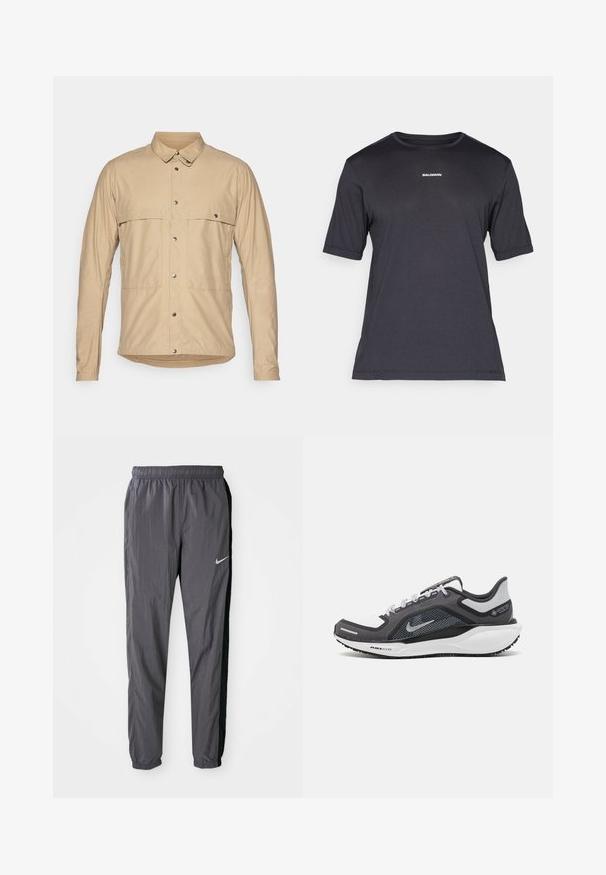 Chemise beige à manches longues avec un col à boutons, dotée de deux poches plaquées, de boutons-pression et d'un tissu lisse et léger.; T-shirt de performance noir à manches courtes en tissu respirant, avec un col rond et un petit logo "SALOMON" blanc sur la poitrine.; Pantalons de survêtement Nike, fabriqués en tissu léger, de couleur gris foncé avec des panneaux latéraux noirs. Présente une taille élastique et un logo réfléchissant.; Baskets de sport noires et grises avec un empeigne en maille, des accents réfléchissants et un intermédiaire blanc. Comprend une semelle extérieure en caoutchouc texturé et des lacets.