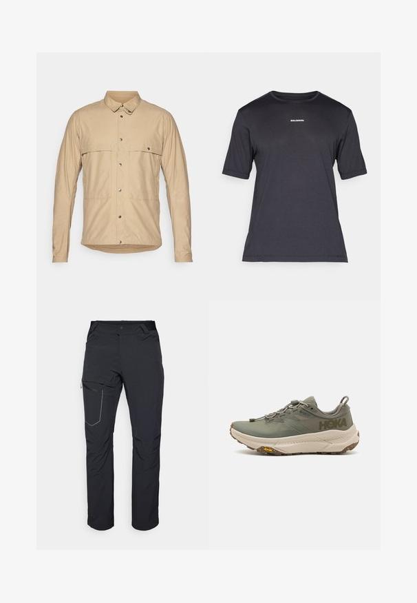 Beige, langärmig overhemd met een geknoopt kraag, voorzien van twee opgestikte zakken, drukknoopjes en een gladde, lichtgewicht stof.; Zwarte korte mouwen performance t-shirt van ademend materiaal, met een ronde halslijn en een klein wit "SALOMON" logo op de borst.; Zwarte outdoorbroeken met een ritszak op de dij, een elastische tailleband en glad, waterafstotend materiaal. Schoon ontwerp zonder zichtbare logo's.; Groene Hoka hardloopschoen met Gore-Tex bovenwerk, gestructureerde accenten, elastische veters en dikke beige buitenzool met Vibram-logo.