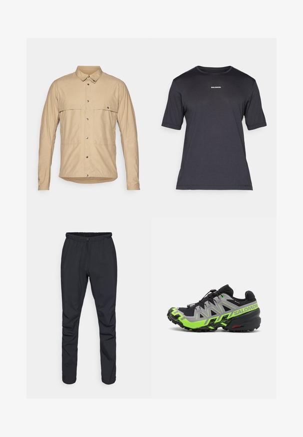 Beige, long-sleeve shirt with a buttoned collar, featuring two patch pockets, snap buttons, and a smooth, lightweight fabric.; Black short-sleeve performance t-shirt made of breathable fabric, featuring a crew neckline and small white "SALOMON" logo on the chest.; Black lightweight trousers with an elastic waistband, drawstring closure, and tapered legs. Made from water-resistant material with a smooth texture.; Black and gray trail running shoe with bright green accents, featuring a textured sole, advanced lacing system, and rugged design.