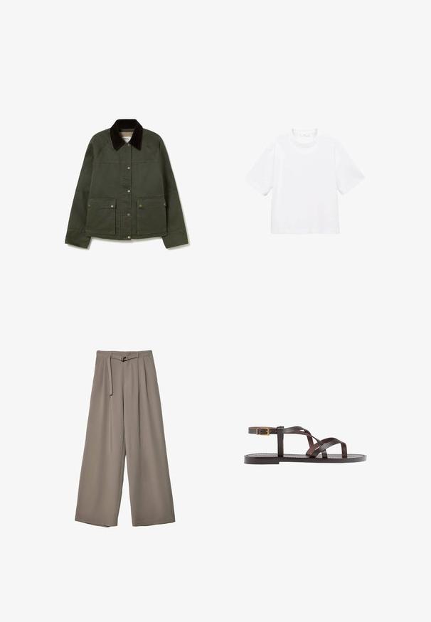 Green canvas jacket with a dark brown corduroy collar, two front pockets, snap buttons, and contrasting stitching along the shoulders.; White cotton short-sleeve t-shirt with a round neckline. Simple design, loose fit, smooth texture. No patterns or accents visible.; Wide-leg trousers in a soft, muted grey fabric, featuring a belted waist and pleats for added design detail. Smooth texture, no patterns.; Brown leather sandal featuring crisscross straps, an ankle buckle closure, and a flat sole with minimal stitching details.
