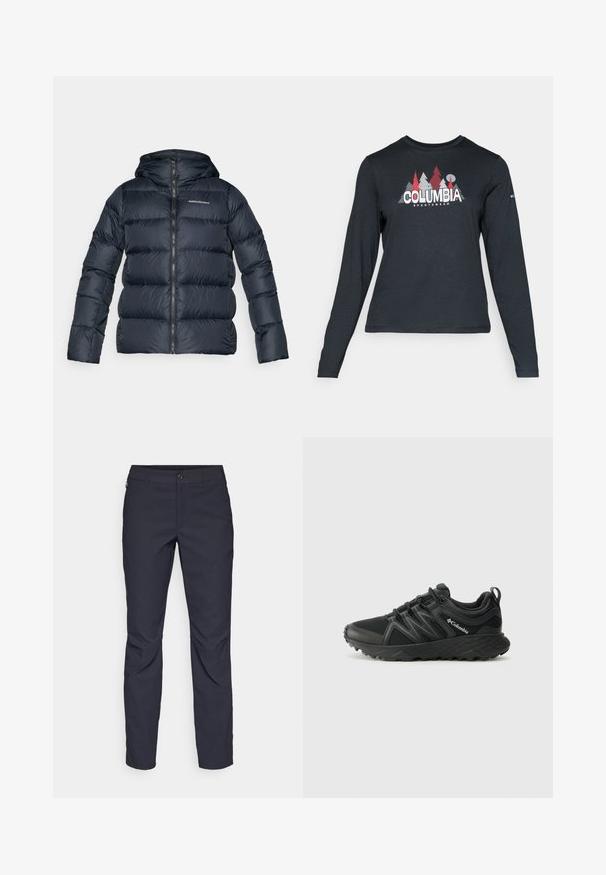 Giacca puffer blu scuro con cappuccio, caratterizzata da una texture trapuntata orizzontale, zip frontale completa e un piccolo logo sul petto.; Maglietta a maniche lunghe grigia scura con una grafica di alberi rossi e montagne; logo "COLUMBIA" in caratteri bianchi in grassetto. Tessuto morbido, scollatura a girocollo standard.; Pantaloni blu navy realizzati in tessuto liscio, con chiusura frontale a bottone, design slim-fit e pieghe decorative sulle ginocchia.; Columbia PEAKFREAK - Scarpa da hiking - black