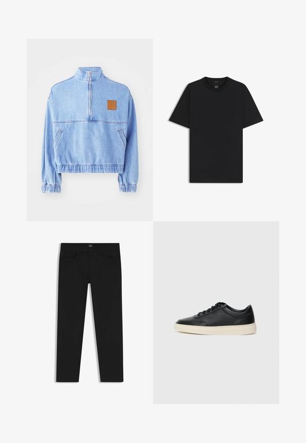 Ljusblådenimjacka med cropped passform, hög krage, halvdragkedja och elastiska ärmslut. Har ett brunt logopatch på bröstet.; Svart kortärmad T-shirt i en mjuk bomullsblandning, med rundad halsringning och en minimalistisk design utan mönster eller detaljer.; Svarta denimbyxor med rak passform, med en standard midja, fem fickor och knäppning med knapp. Slät yta genomgående.; Svart låg skor i läder med svarta snören och off-white sula, visas i sidoprofil på vit bakgrund.