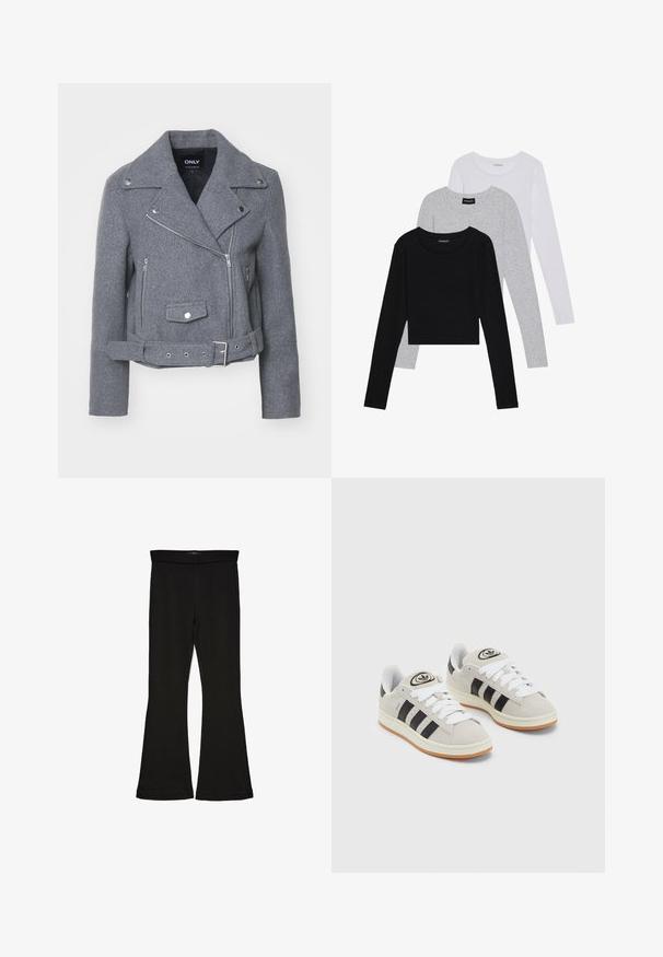 Pilkas vilnos mišinio motociklininkų švarkas su įstrižiniu užtrauktuku, išpjautu apykakle ir diržu juosmeniui. Turintis dvi užtrauktuku uždaromas priekines kišenes ir sidabrinius akcentus.; Trijų ilgomis rankovėmis marškinėlių krūva: juodas, pilkas ir baltas. Kiekvienas turi apvalų iškirpimą ir trumpą dizainą, pagamintas iš lygaus, lengvo audinio.; Juodos flared tipo legginsai, pagaminti iš tamprios medžiagos. Yra platus juosmuo ir lygus paviršius, su prie kūno priglundančiu siluetu, kuris pločiasi ties apatine dalimi.; Grynos zomšos sneakeriai su baltais raišteliais, juodomis juostelėmis ir balta gumine sole. Turintys apskritą logotipą ant liežuvėlio ir guminę sole.