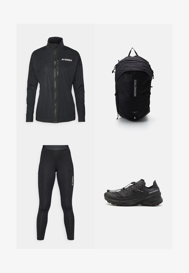 Juodas Terrex švarkas turi aukštą apykaklę, priekinį užtrauktuką ir lygią, lengvą medžiagą su siuvinėtu logotipu ant krūtinės.; Ilgų rankovių baltas sportinis marškinėlis su pusapykakle ir mažuoju centro logotipu ant krūtinės, pateiktas ant vientiso fono.; Juodos sportinės tamprės su prigludusia siluetu, pagamintos iš tampraus audinio. Yra šoninės kišenės ir baltas "TERREX" logotipas.; Juodi bėgimo batai trail su tekstūruota viršutinė dalimi, tinklinėmis dalimis ir saugiai užsegamu sistemu. Turima tvirta pado struktūra, užtikrinanti sukibimą.; Juoda kuprinė su stilingu dizainu, tekstūruotu audiniu, reguliuojamais diržais ir dideliu sidabriniu "SALOMON" logotipu priekyje.