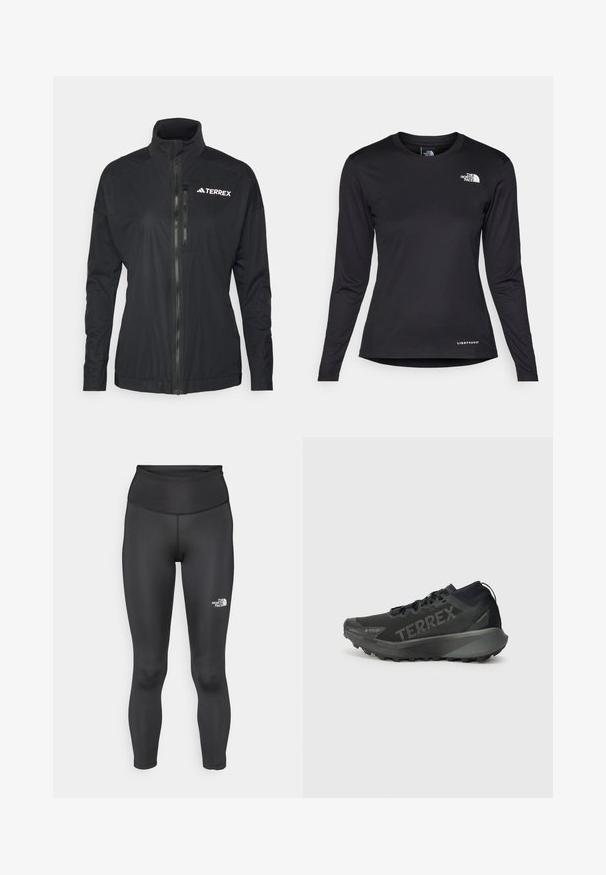 Die schwarze Terrex-Jacke verfügt über einen hohen Kragen, einen Frontreißverschluss und einen glatten, leichten Stoff mit einem gestickten Logo auf der Brust.; The North Face SHADOW LONG SLEEVE - Langarmshirt - black; Hoch taillierte schwarze Leggings aus einem glatten, dehnbaren Stoff. Mit einem Logo am Unterschenkel und einer engen Länge bis zum Knöchel.; Schwarzer Terrex Laufschuh mit strukturierter Oberseite, steifer Sohle und auffälliger Markenkennzeichnung. Verfügt über eine gepolsterte Ferse für Unterstützung und Traktion.