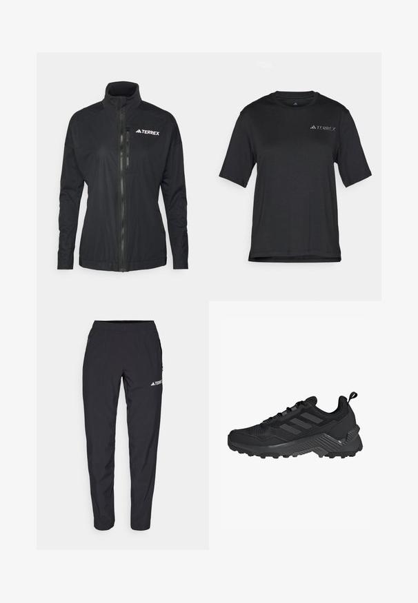 Die schwarze Terrex-Jacke verfügt über einen hohen Kragen, einen Frontreißverschluss und einen glatten, leichten Stoff mit einem gestickten Logo auf der Brust.; Schwarzes Kurzarm-T-Shirt aus leichtem Stoff. Verfügt über einen Rundhalsausschnitt und ein kleines, weißes "TERREX"-Logo auf der Brust.; Schwarze Sporthose aus leichtem, dehnbarem Material mit elastischem Bund und seitlichen Reißverschlusstaschen. Mit weißem Logo am Oberschenkel.; Schwarzer Sportschuh mit einem Mesh-Obermaterial, einem drei-Streifen-Design, einem geformten Fersenbereich und einer robusten Außensohle mit auffälligen Traktionsnoppen.