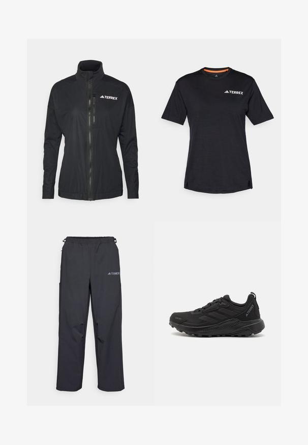 Must terrex jakk on kõrge krae, ees tõmblukk ja sile, kerge kangas, millel on tikitud logo rinnal.; Must t-särk lühikeste varrukatega, ümmarguse kaelusega, millel on peen heather struktuur ja valge "TERREX" logo vasakul ülanurgas.; Mustajad, kerged väljakäimise püksid elastse vöökoha, küljetaskute ja logoga paremal ülemisel jalal. Sile veekindel kangas.; Mustad mustreeritud sünteetilisest materjalist pealsega mustad sportlikud jalanõud, paeltega kinnitamine, paks kummist tald ja diskreetne logo aktsent külgedel ja kandadel.
