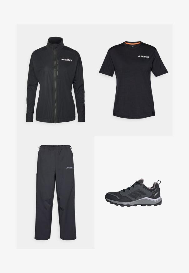 Jacheta Terrex neagră are un guler înalt, fermoar frontal și un material neted, ușor, cu un logo brodat pe piept.; Tricou negru cu mânecă scurtă, cu decolteu rotund, având o textură ușor heather și un logo alb "TERREX" pe partea superioară stângă.; Pantaloni de exterior negri, ușori, cu un talie elastică, buzunare laterale și un logo pe piciorul din dreapta sus. Material neted, rezistent la apă.; Încălțăminte sport neagră cu accente gri, superior din plasă sintetică, talpă cu amortizare, sistem de șireturi și talpă texturată pentru tracțiune.