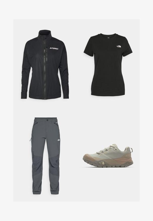 Must terrex jakk on kõrge krae, ees tõmblukk ja sile, kerge kangas, millel on tikitud logo rinnal.; Mustvalge puuvillane t-särk, millel on ümber kaeluse lõige ja lühikesed varrukad. Märkimisväärne valge logo vasakul ülal nurgas. Sile tekstuur, mugav lõige.; Tumed hallid välistingimustes püksid, millel on tugevdused põlvedel, lukuga külje- ja eesTaskud, nupuga sulgur ning The North Face logo reie peal.; Heledhalli spordijalanõud beežide aktsentidega, valmistatud sünteetilisest materjalist. Omab karmi tallatüüpi, paeltega sulgemist ja brändimist küljes.