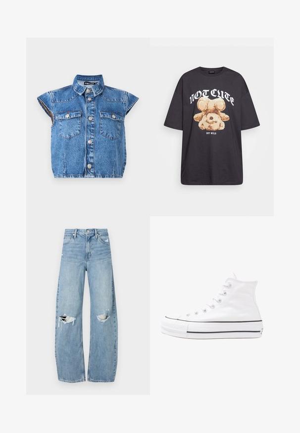 Denimová bezrukávová košile světle modré barvy s límečkem, dvěma náprsními kapsami a stříbrnými knoflíky. Má zkrácený střih a surový lem.; Černé oversized tričko s grafikou medvěda a textem „NENÍ CUTE, ALE DIVOKÝ“ v tučném bílém písmu. Bavlněný materiál.; Světle modré džíny s vysokým pasem vyrobené z denimu. Mají široké nohavice, dvě roztržené oblasti na kolenou a klasický pětikapsový střih.; Bílé vysoké plátěné tenisky s černou gumovou podrážkou, přední gumovou špičkou a šesti očky na tkaničky, se čistým, minimalistickým designem.