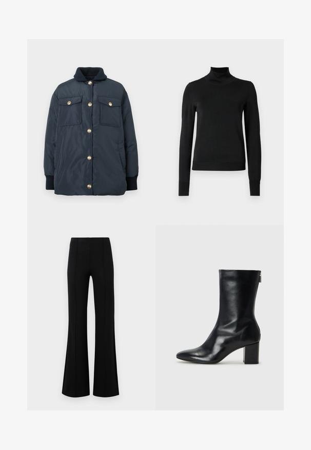 Tumši zils polsterēts jaka ar zelta pogām, ribotu apkakli un divām priekšējām kabatām. Gluda tekstūra un brīvāka piegriezuma.; Melnas garām piedurknēm turtlenecks džemperis ar ribotām aprocēm un apakšmali, attēlots uz vienkārša balta fona.; Melnas platas bikses ar augsto jostasvietu, izgatavotas no elastīga auduma. Satur vertikālas šuvju detaļas priekšpusē un gludu tekstūru.; Melna ādas potītes zābaks ar norādītu purngalu un 4 cm bloku papēdi. Gluds dizains ar sānu rāvējslēdzēju vieglai uzvilkšanai. Gluda tekstūra.