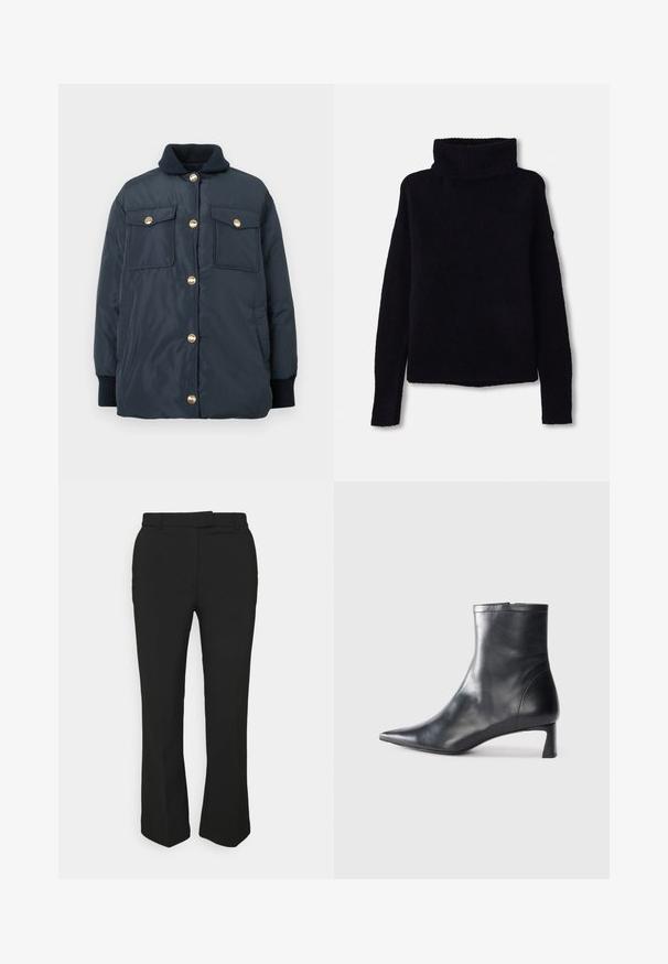 Tmavomodrá prešívaná bunda so zlatými patentkami, rebrovaným golierom a dvoma prednými vreckami. Hladká textúra a voľný strih.; Čierny, hrubý pletený sveter s vysokým, rebrovaným rolákom a dlhými rukávmi. Mäkká textura, rovným strihom a bez viditeľných vzorov či ozdôb.; Čierne upravené nohavice so strihem rovného nohu, vybavené pútkom na opasok a bočnými vreckami. Vyrobené z hladkého materiálu s čistým povrchom.; Čierne kožené členkové topánky s špicatou špičkou a elegantným dizajnom. Majú nízky podpätok a zips na zadnej strane. Hladká textúra.