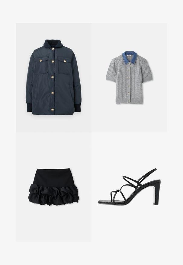 Giubbotto imbottito blu scuro con bottoni a scatto dorati, colletto a coste e due tasche frontali. Tessuto liscio e vestibilità comoda.; Cardigan corto grigio a maniche corte lavorato a maglia con motivo a treccia, dotato di un colletto in denim e cinque bottoni dorati sul davanti.; Gonna mini nera con una parte superiore aderente e tre strati di tessuto arricciato nella parte inferiore, con una consistenza liscia e linee pulite.; Sandali neri con tacco alto, dotati di sottili cinturini, finitura testurizzata, punta aperta e un design elegante con tacco affusolato. Presentano una soletta morbida e una superficie lucida.