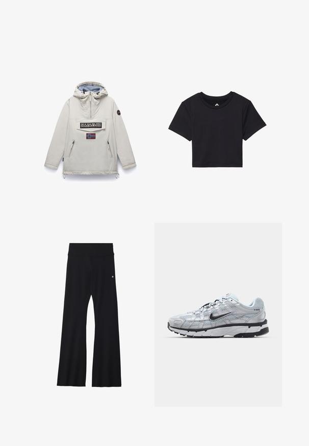 Napapijri RAINFOREST DIMITY - Ljetna jakna - beige silver; Crna skraćena majica s kratkim rukavima, okruglim izrezom, izrađena od glatkog materijala. Minimalistički dizajn bez vidljivih uzoraka ili akcenata.; Crne razrađene joge hlače od rastezljivog materijala, s širokim pojasom i malim logom blizu boka. Glatka tekstura, bez uzoraka.; Nike P-6000 tenisice sa svijetlosivom mrežastom gornjištu, crnim akcentima i izdržljivom crnom gumenom potplatu. Sadrže složen dizajn i sustav vezivanja.