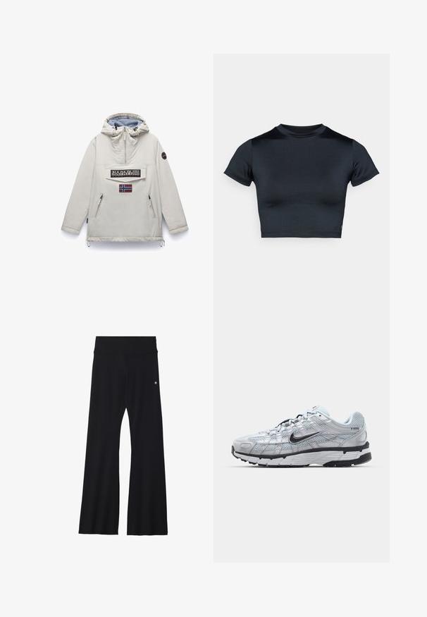 Napapijri RAINFOREST DIMITY - Summer jacket - beige silver; Short-sleeve cropped top in dark navy, made of smooth, stretch fabric. Features a round neckline and minimal stitching details. No logos visible.; Black flared pants made from stretchy material, featuring a wide waistband and a small logo on the hip. Smooth texture and full-length design.; Nike P-6000 sneakers with a light grey mesh upper, black accents, and a durable black rubber sole. Features intricate design and lacing system.