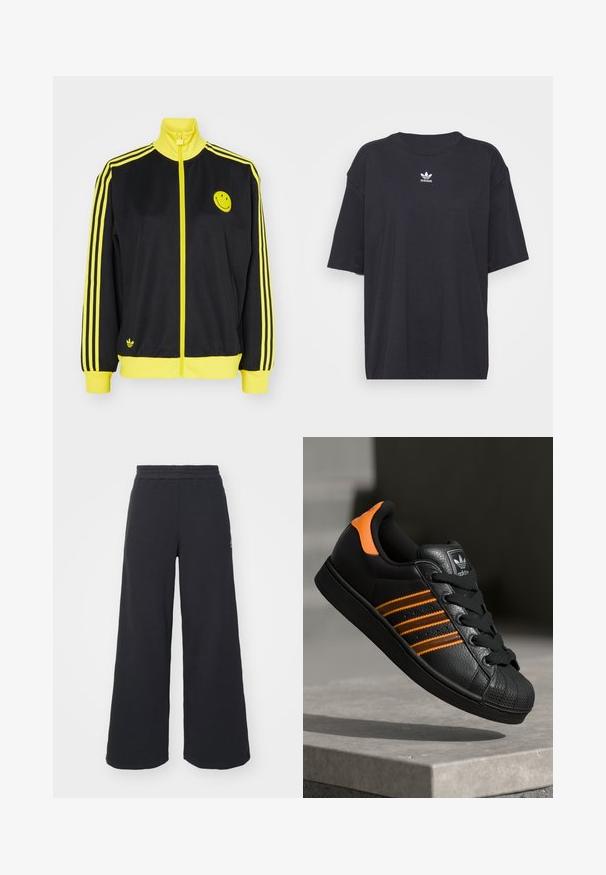 Svart zip-up jakke med gule detaljer, høy krage, smilende ansikt-logo på venstre bryst og tre horisontale gule striper på hver arm.; Svart bomull T-skjorte med korte ermer, rund halslinje, med en hvit Adidas-logo på brystet. Enkel design, avslappet passform.; Svart bukse med vid benvidde laget av myk stoff, med elastisk midjebånd og en liten logo på venstre side.; Svart sneaker med oransje detaljer, tre horisontale striper, teksturert skinnoverdel, gummitå, og svarte lisser.