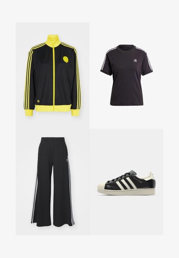 Casaco preto com fecho éclair, com detalhes amarelos, gola alta, logótipo de uma cara sorridente no lado esquerdo do peito e três riscas horizontais amarelas em cada manga.; T-shirt preto de algodão de mangas curtas com gola redonda, apresentando riscas brancas nos ombros e um pequeno logotipo branco da Adidas no peito.; Calças de suor largas e pretas com uma cintura elástica, apresentando riscas brancas nas laterais e um logótipo bordado na coxa esquerda.; Sapatilha de couro preto com riscas brancas, biqueira de borracha, atacadores pretos e sola na cor creme. Textura suave com acabamento brilhante.